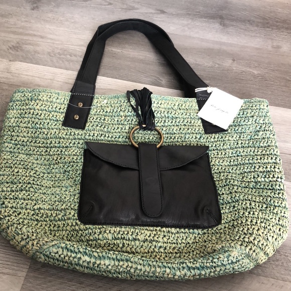 Free People Green En Riva Raffia Tote Black Leather Accents NWT - Picture 6 of 16